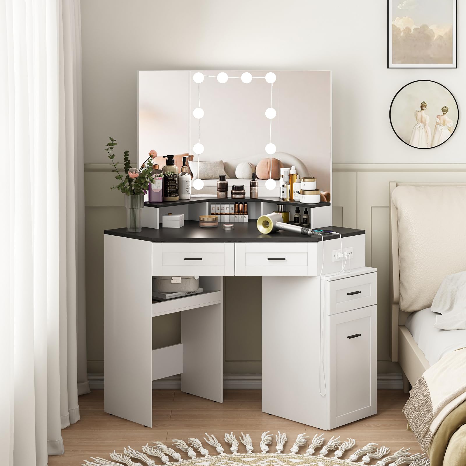 Fameill Corner Vanity Desk with Tri-Fold Mirror and Adjustable Light, Makeup Dressing Table with Power Outlet, 3 Drawers, Sliding Cabinet, Open Shelves, White Vanity Desk for Bedroom, Women, and Girls