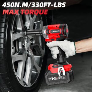 Avhrit 3/8" Impact Wrench Cordless, Brushless Electric Impact Gun Max Torque 330Ft-lbs(450N.m) w/ 4.0Ah Battery, Charger, 5 Sockets, Power Impact Wrenches for Car Home, Tire Repair