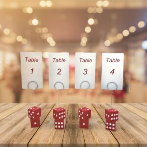 Bunco Table Number Stands with Table Numbers 1-4. Perfect for any Bunco or Casino Themed Party Party. Heavy Red Acrylic Dice Table Number Stands with Premium Gloss Finish. Bunco Supplies.