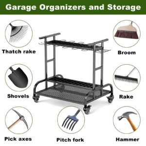 YAGEANNL Garden Tool Organizer with Wheels, Large Capacity Garage Tool Organizer with Hooks, Garden Tool Rack for Broom, Shovel, Long Handled Tool, Metal Yard Tool Organizer for Garage, Shed, Outdoor