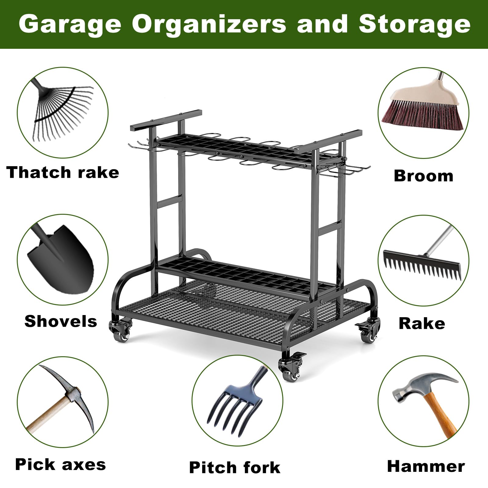 YAGEANNL Garden Tool Organizer with Wheels, Large Capacity Garage Tool Organizer with Hooks, Garden Tool Rack for Broom, Shovel, Long Handled Tool, Metal Yard Tool Organizer for Garage, Shed, Outdoor