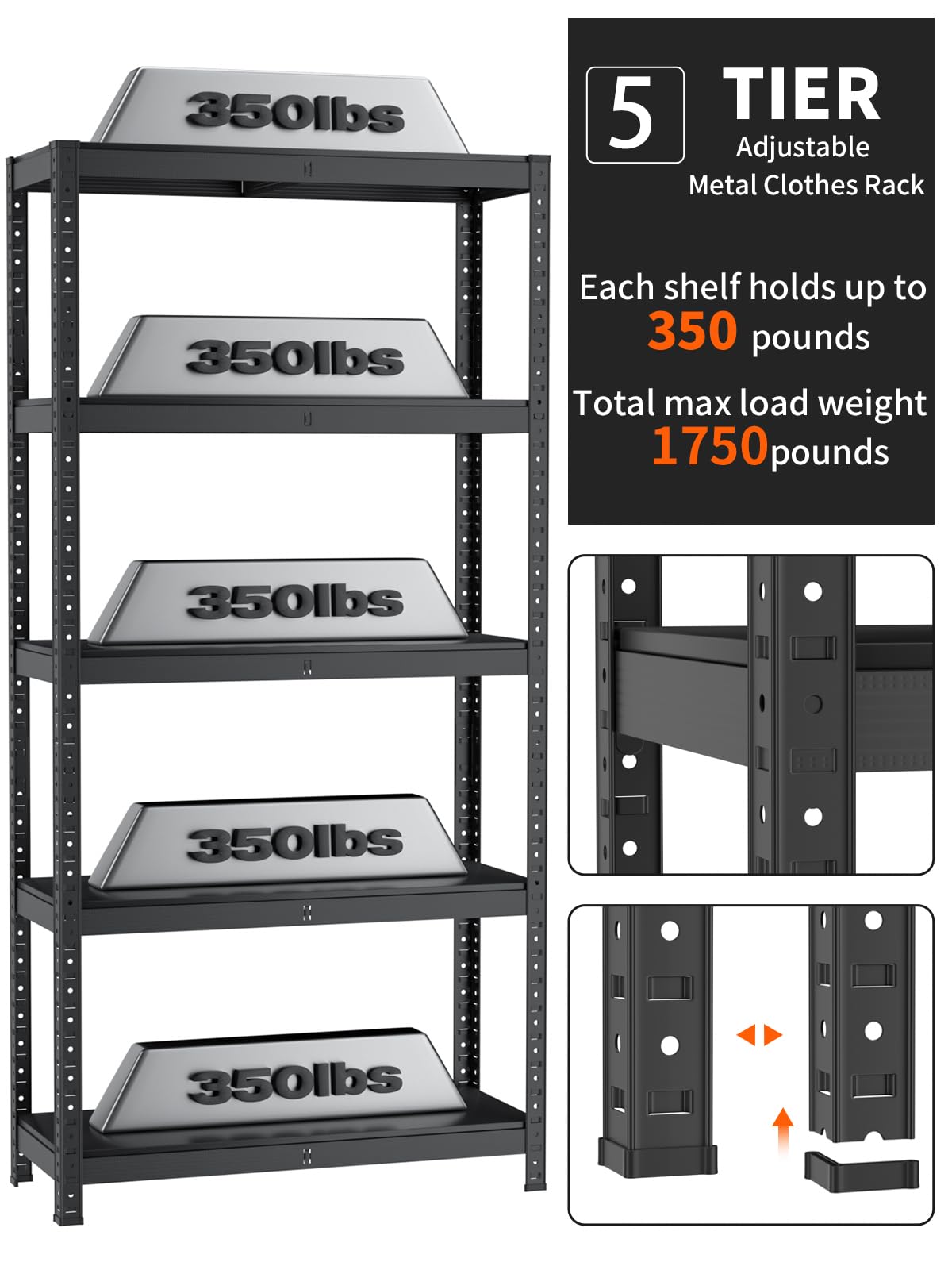 5-Tier Adjustable Metal Storage Shelves,Heavy Duty 1750 lbs Capacity Shelving,Waterproof Rust-Resistant Tool-Free Assembly Multi-Functional Garage Shelves Utility Shelf Rack 15.75"Dx31.5"Wx72"H