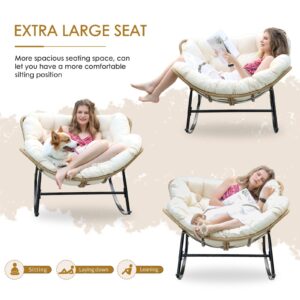 NICESOUL® Indoor Outdoor Rocking Chair with Cushion, Oversized Patio Papasan Rocking Chair, Water Resistant Egg Royal Rocking Chair 450Lbs Sturdy Comfy Recliner Large Lounging Chair (Beige, 1 PC)