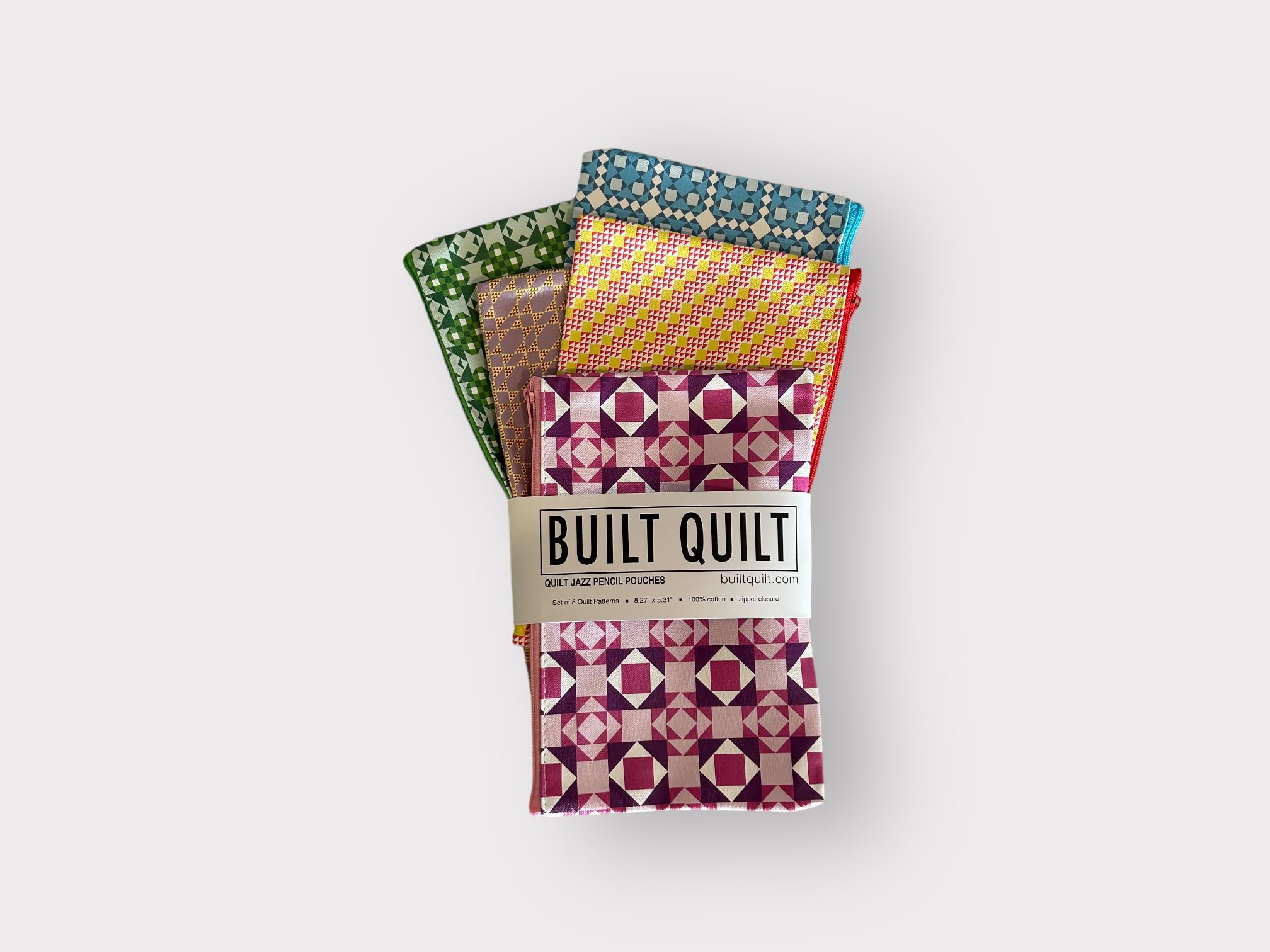 Built Quilt Quilt Patterned Pencil Pouches, Set of 5, Various Quilt Patterns, Printed Cotton Pouches, Make Up Pouches, Zippered Pouches, 8.27 in x 5.31 in (Quilt Jazz)