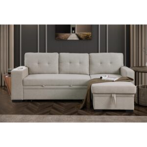 Devion Furniture Fabric Reversible Modern Side Compartment Sleeper Sectional Sofa Bed Light Gray