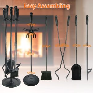 VODA Fireplace Tools Set 5 Pcs 31In Cast Iron Fireplace Tools Indoor Fireside Accessories Large Fire Place Tool Set Outdoor Holder Fire Kit with Poker Shovel Tongs Brush, Stand