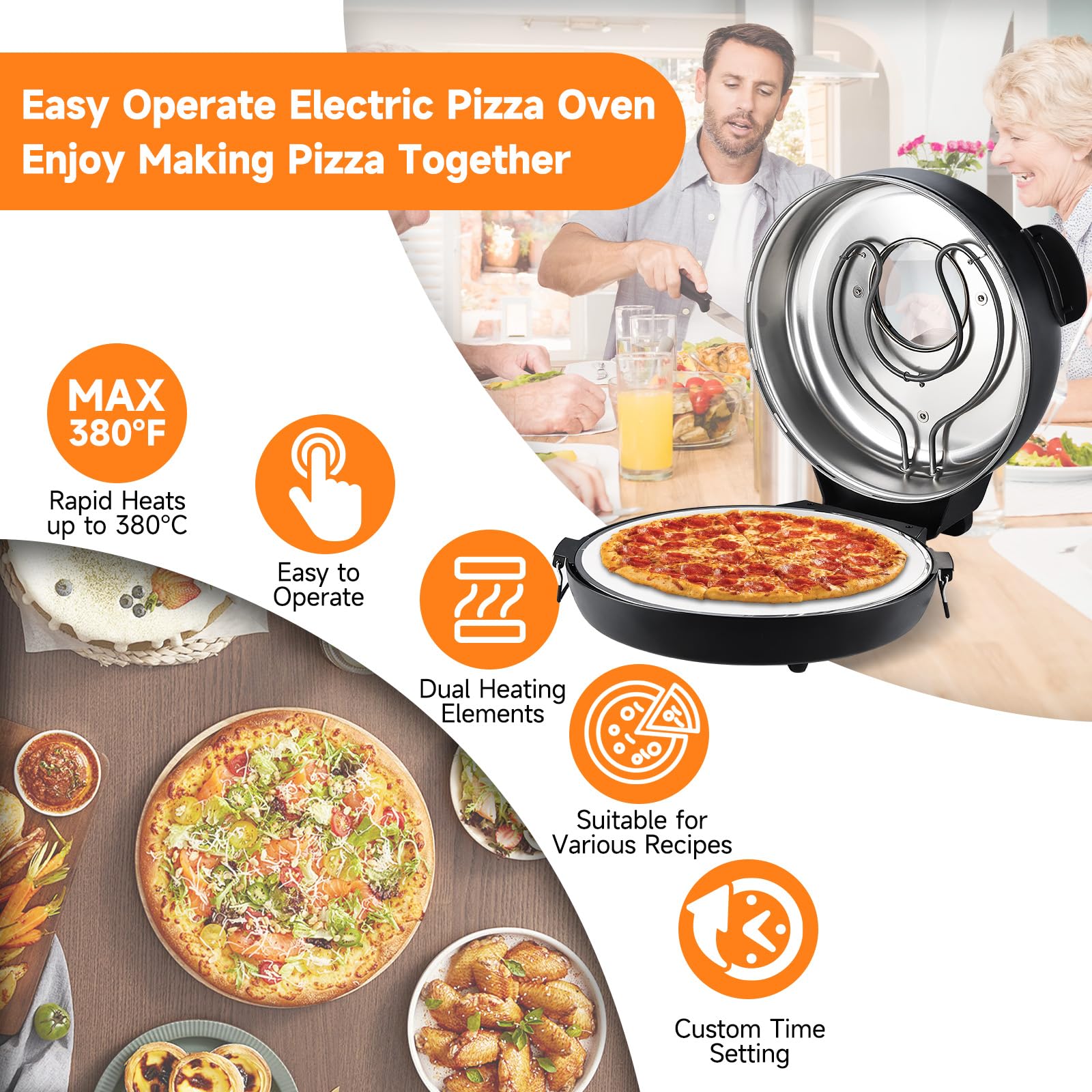 Upgrade Davivy 16" Large Indoor Pizza Oven with Pizza Stone & Grill Pan, Electric Pizza Cooker Heats up to 380℃, Portable Indoor Pizza Maker Machine for Home with Timer, Window - Black