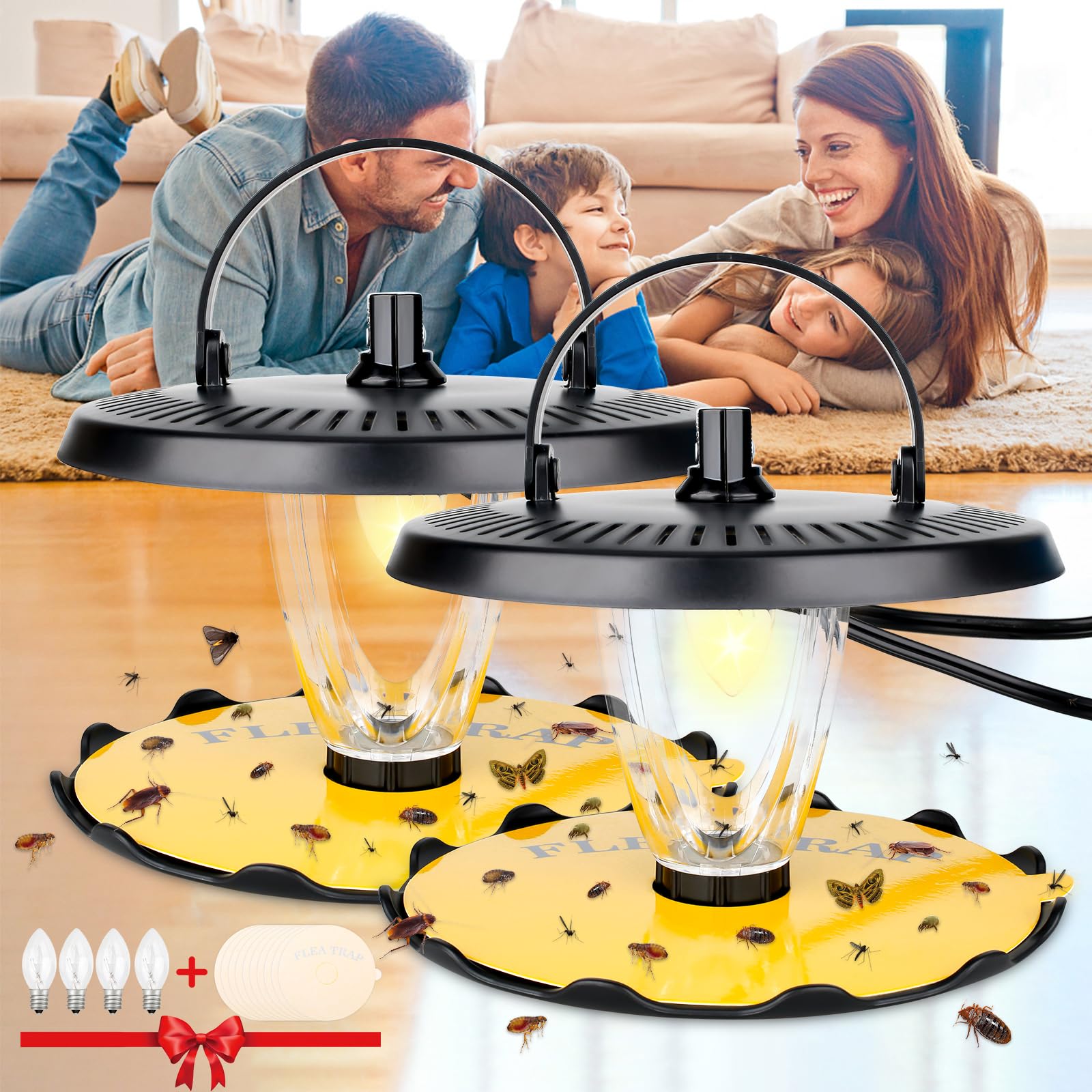 Flea Trap, Sticky Flea Traps for Inside Your Home, Odorless Non-Toxic Natural Flea Killer Trap with 10 Sticky Discs & 4 Bulbs, Pest Control for Home, Safe for Children Pet Dog Cat(2 Pack Black)