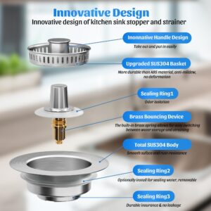 NinjaTiger Kitchen Sink Drain Strainer - 2 Pack 3-in-1 Stainless Steel Pop Up Sink Stopper Sink Strainer Basket Sink Stopper Filter Plug for US Standard 3-1/2 Inch Sink Drain | Silver- 2Pack