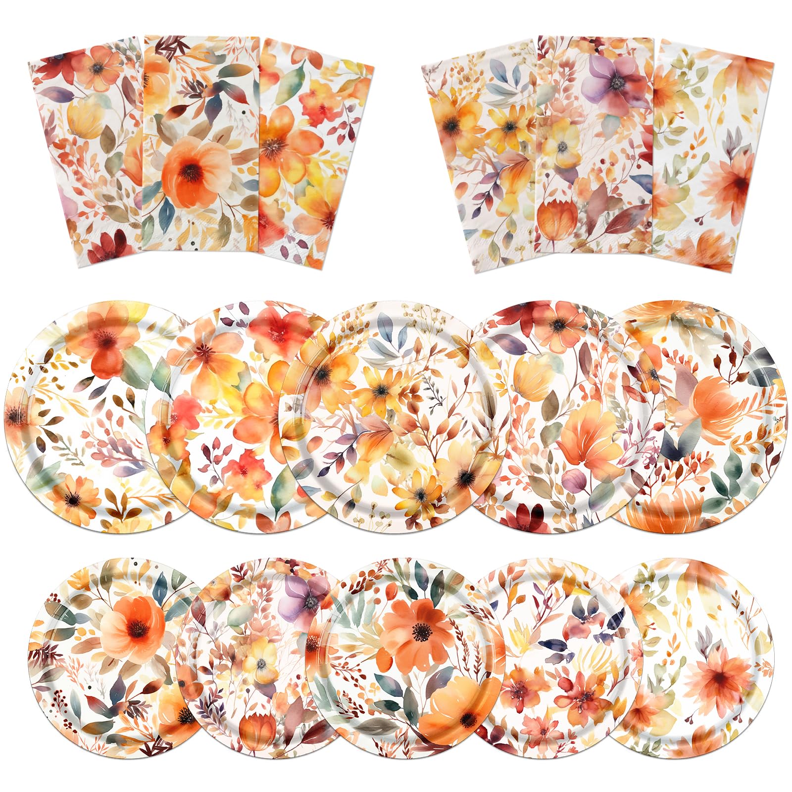 Juweked 60Pcs Fall Plates and Napkins Sets Fall Floral Paper Plates and Napkins Thanksgiving Tableware Set Fall Party Decorations for Bridal Shower Autumn Party Supplies Fall Harvest Decorations