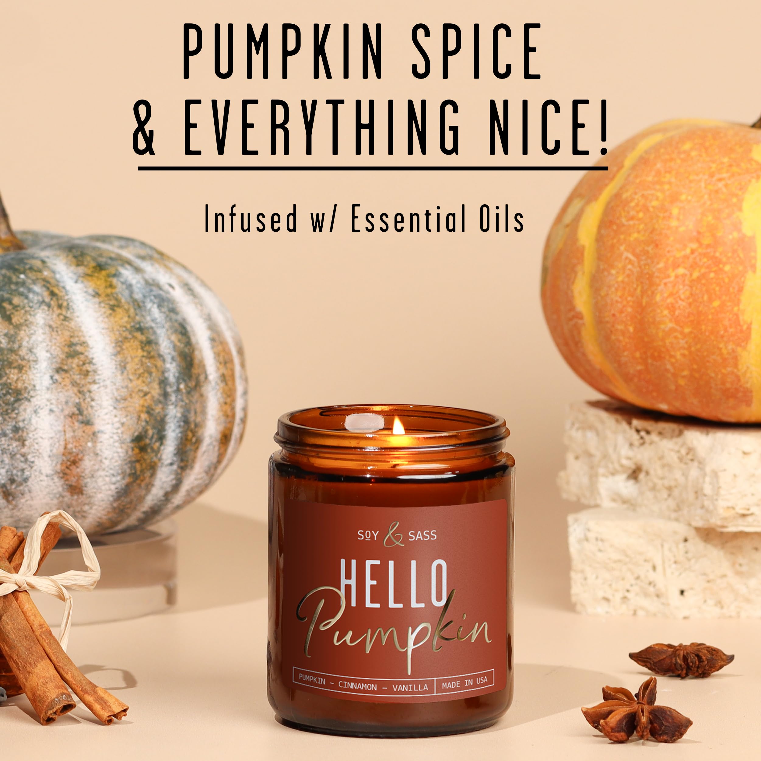 Pumpkin Spice Candle, Fall Candles - 'Hello Pumpkin' Pumpkin Candle, Autumn Scented Soy Candles for Home, Fall Scented Candles for Home, Fall Home Décor, 9oz Reusable Jar, 50Hr Burn, Made in USA