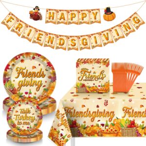 99 pcs friendsgiving party decorations, friendsgiving decorations tableware set includes happy friendsgiving banner, friendsgiving tablecloth, friendsgiving plates and napkins sets for 24 guests