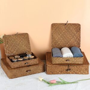 Hipiwe Flat Wicker Storage Basket Bin with Lid - Set of 4 Large Woven Shelf Baskets Boxes Natural Seagrass Basket Bin Rectangular Decorative Storage Boxes for Closet Shelf Organizer, Caramel