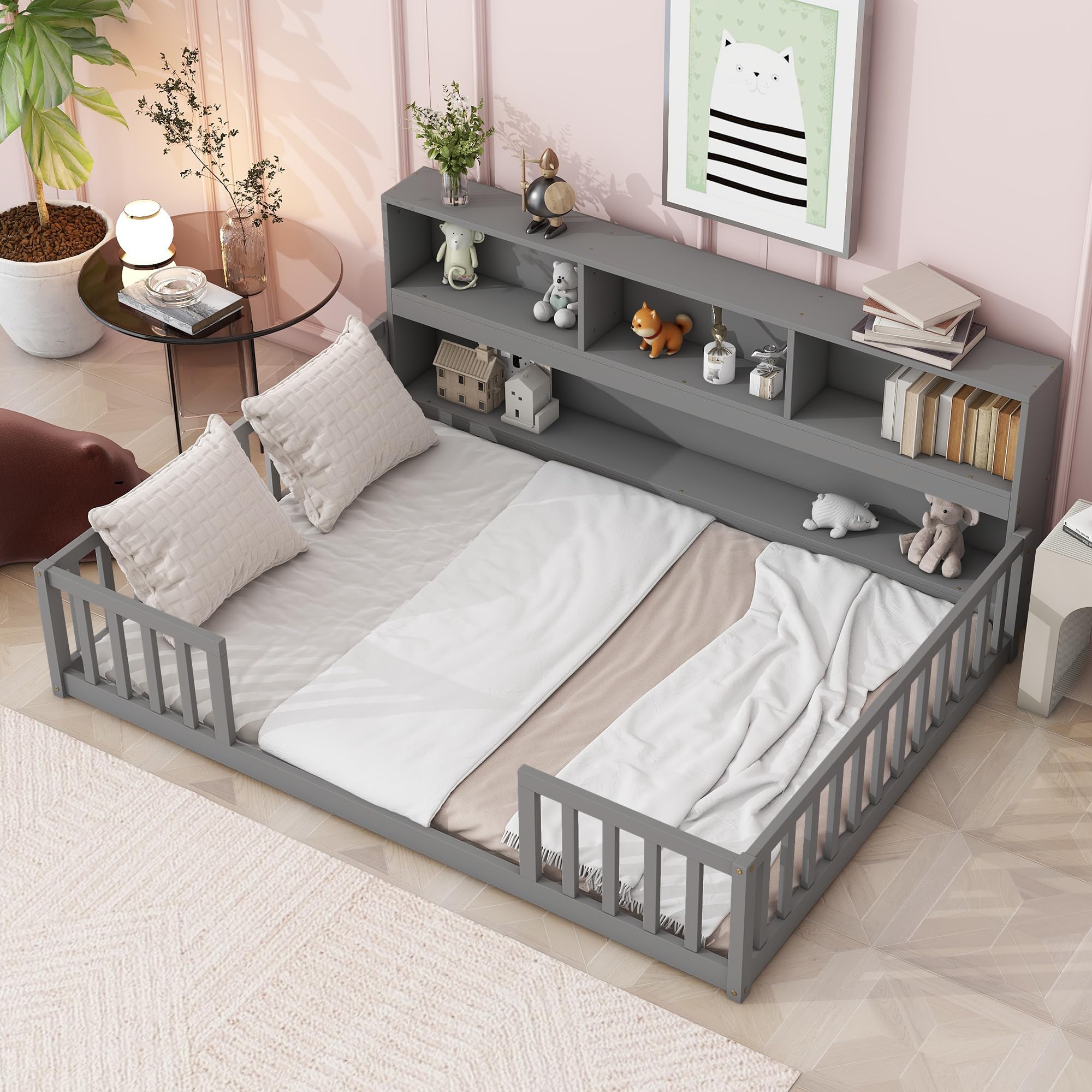 KEIKI Full Floor Bed with Side Bookcase,Shelves,Guardrails,Grey