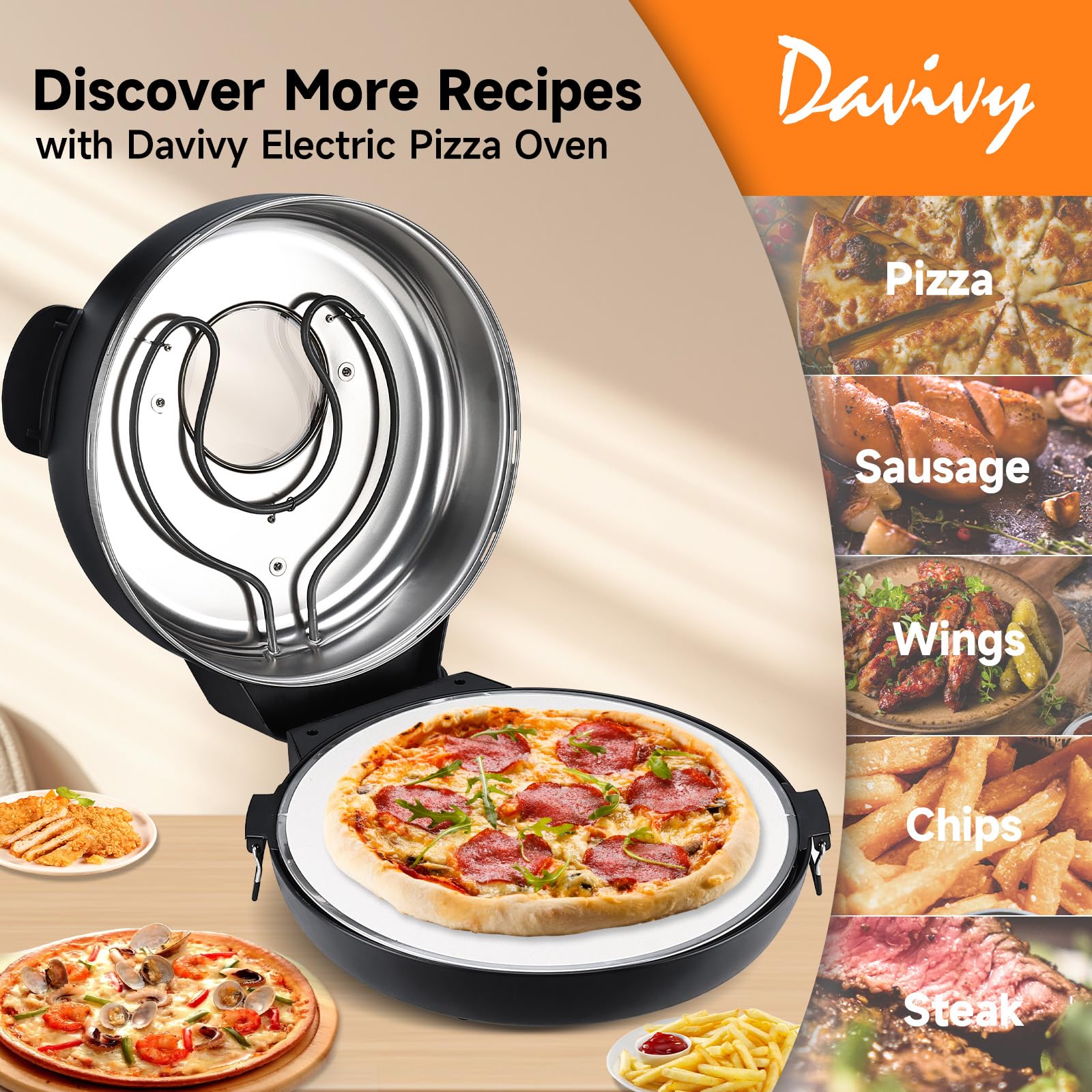 Upgrade Davivy 16" Large Indoor Pizza Oven with Pizza Stone & Grill Pan, Electric Pizza Cooker Heats up to 380℃, Portable Indoor Pizza Maker Machine for Home with Timer, Window - Black