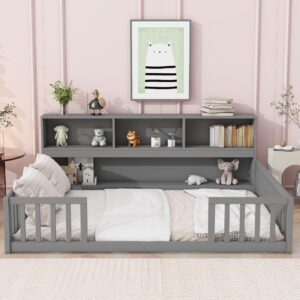 KEIKI Full Floor Bed with Side Bookcase,Shelves,Guardrails,Grey