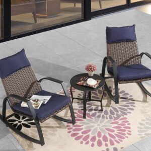 ARTLOFT 3 Piece Rocking Bistro Set Wicker Patio Outdoor Furniture Porch Chairs Conversation Sets with Coffee Table for Balcony, Garden, Backyard (Blue)