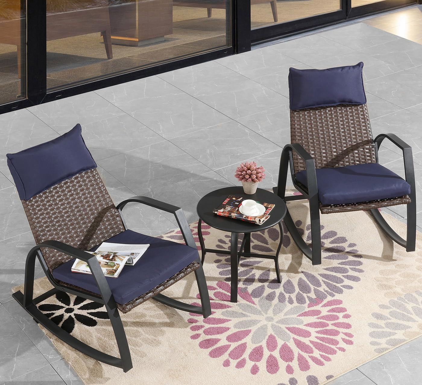 ARTLOFT 3 Piece Rocking Bistro Set Wicker Patio Outdoor Furniture Porch Chairs Conversation Sets with Coffee Table for Balcony, Garden, Backyard (Blue)