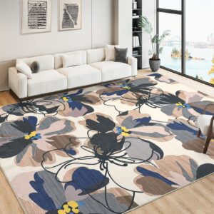 Washable Floral Living Room Rug 5x7, Modern Bright Floral Area Rugs for Bedroom Non-Slip Large Low-Plie Kitchen Rug Indoor Floor Throw Carpet for Dining Room Entryway Office, Brown Multi