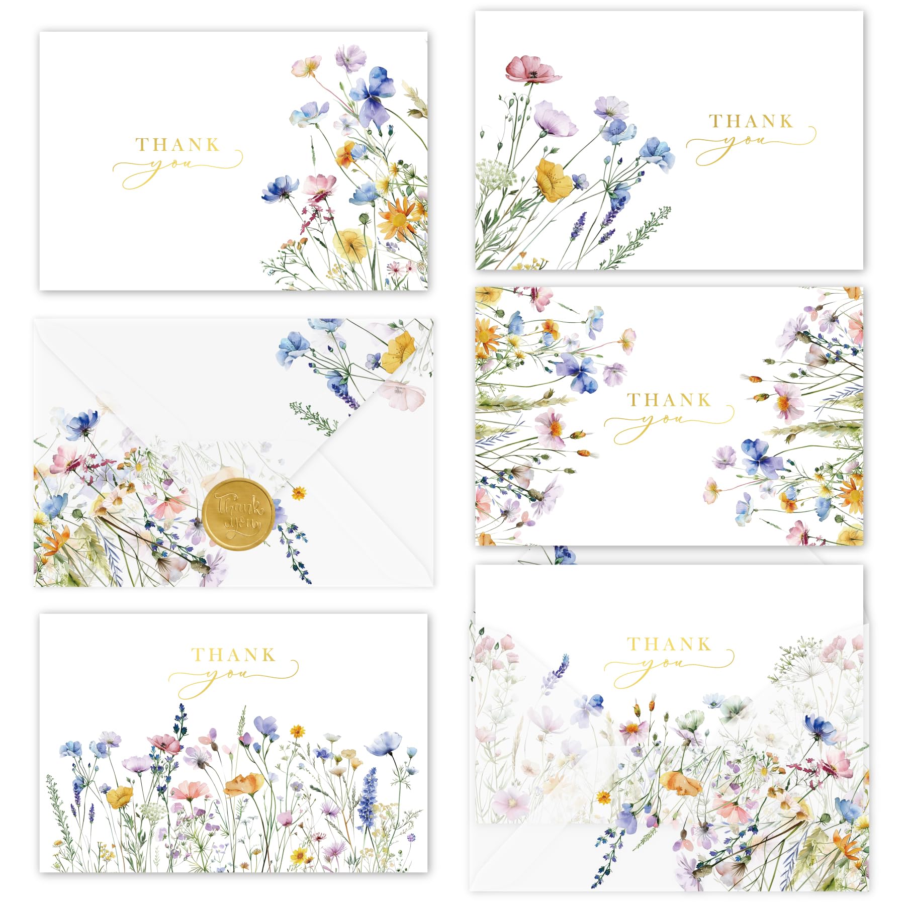 4x6 Meadow Bloom Thank You Cards with Envelopes (Bulk 20-Pack) Matching Vellum Envelopes Assorted Bulk, Watercolor Birthday Party, Baby Shower, Bridal Shower, Weddings, Greeting, Blank Notes Stationary