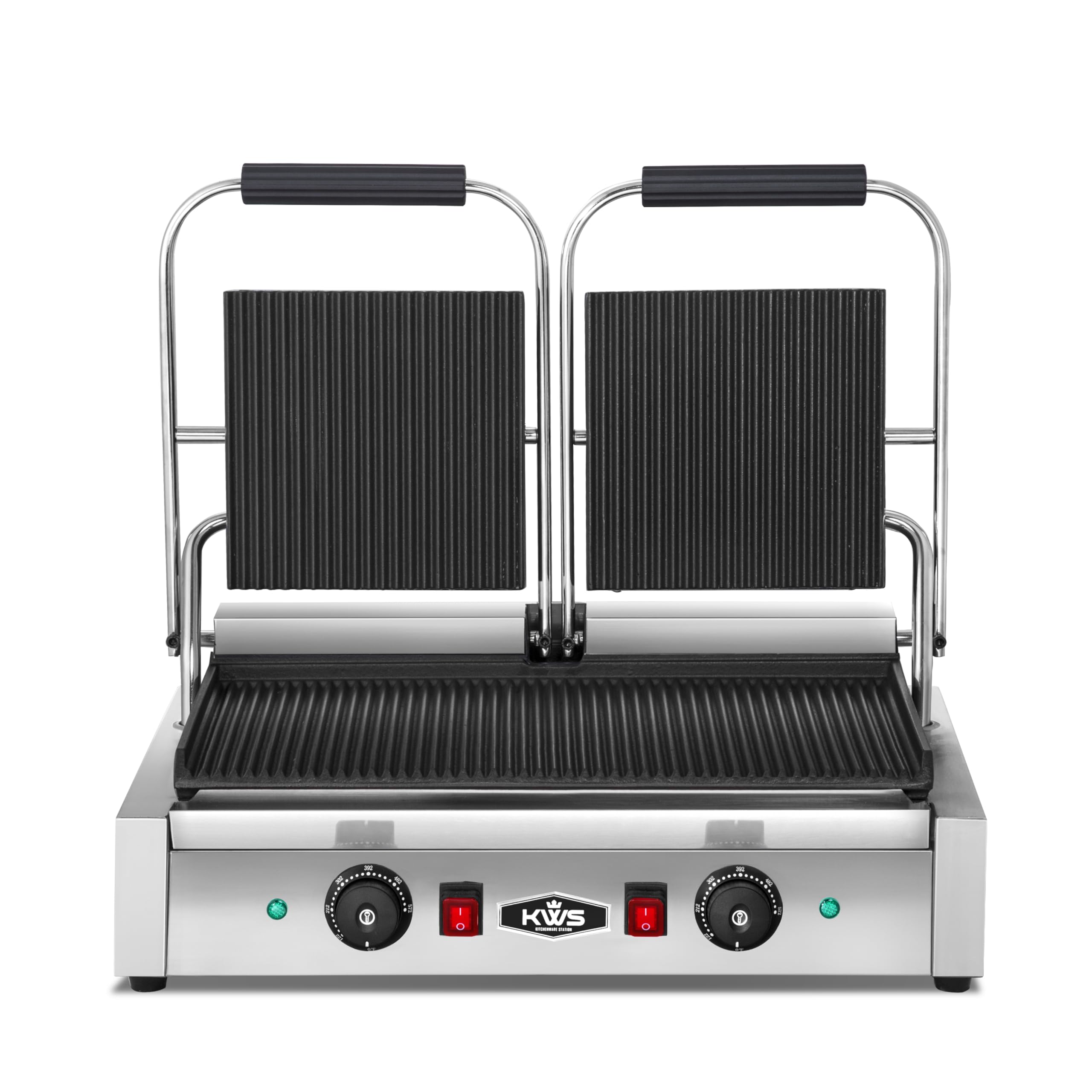 KWS PM-23 3400W Electric Panini Press Maker with Grooved Top & Bottom Sandwich Toasting Grill – 19″ X 9″ Cooking Surface