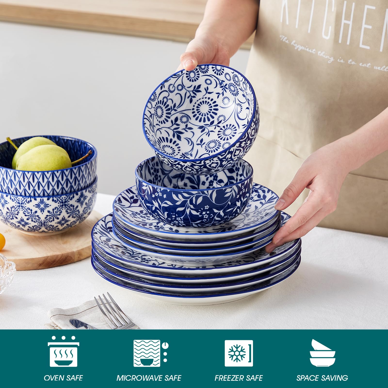 vancasso SELENE Plates and Bowls Set for 4, 12 Pieces Dinnerware Sets, Mircowave and Dishwasher Safe Dishes Set, Porcelain Blue Kitchen Set