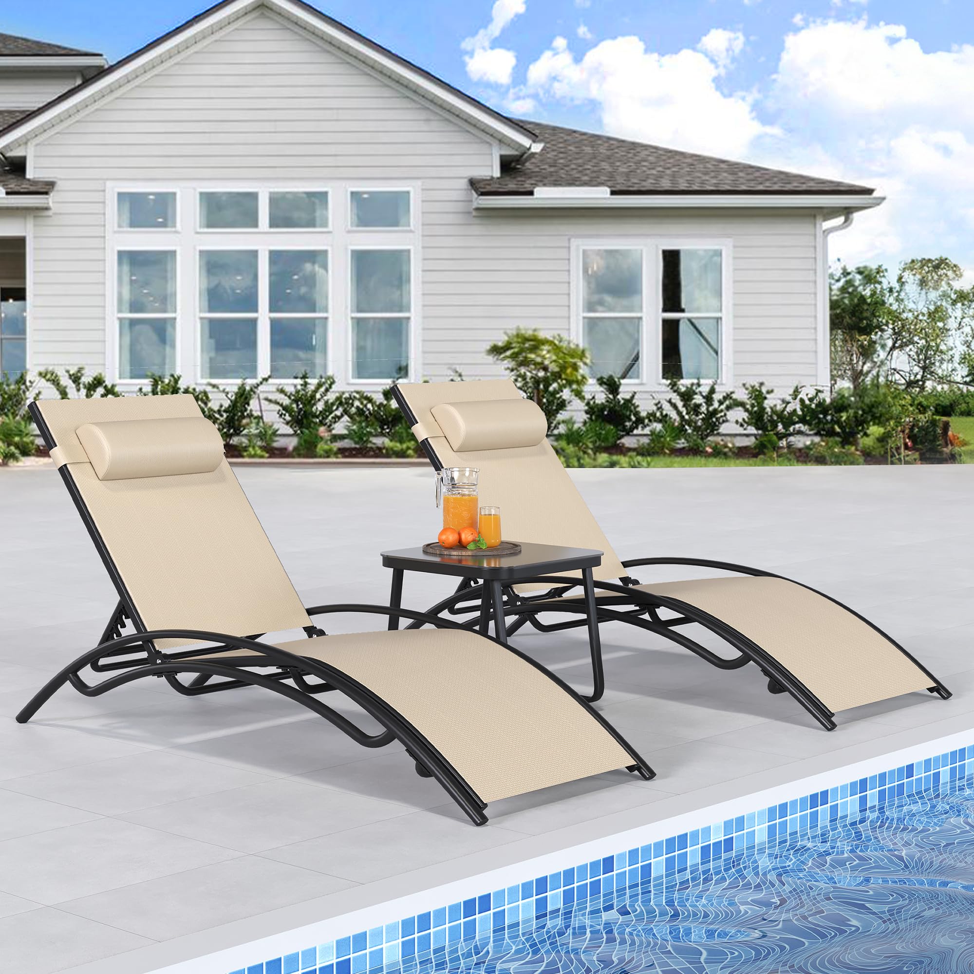 YITAHOME Outdoor Chaise Lounge Chair Set of 3, Pool Lounge Chairs with Side Table & 5-Position Adjustable Backrest, Sunbathing Recliner for Poolside, Backyard, Lawn, Deck - Khaki