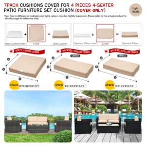 ClawsCover 7Pack Outdoor Seat Back Cushions Replacement Covers Fit for 4-Seater 4Pieces Wicker Rattan Patio Furniture Conversation Set Sectional Couch Loveseat Chair,Light Khaki-Include Cover Only