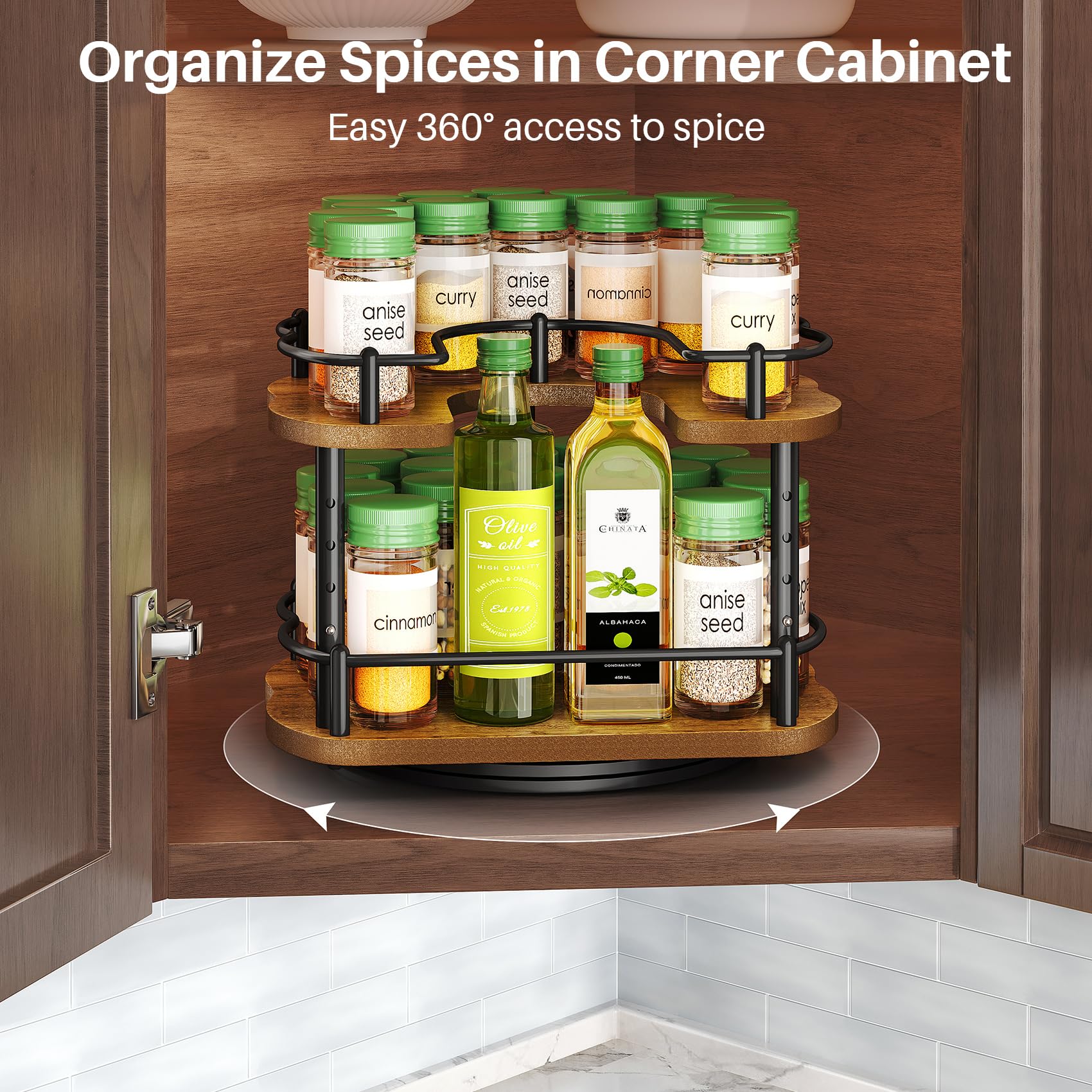 Lazy Susan Organizer Spice Rack for Cabinet - Height Adjustable Rotating Lazy Turntable Spice Organization for Table Top Pantry Kitchen, Wood Lazy Susan 10 inches Black