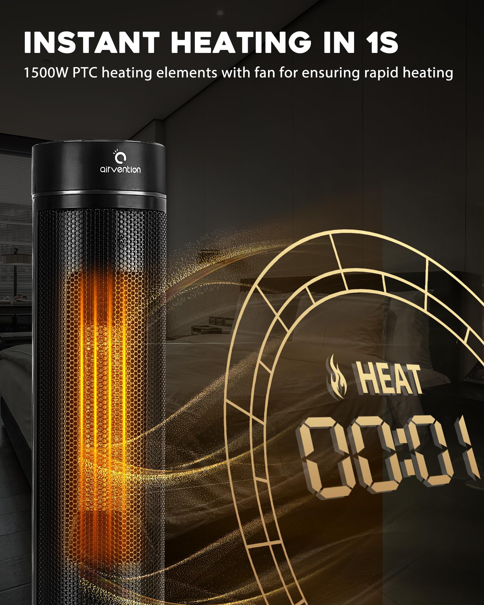 Space Heater Indoor, Airvention 1500W 34" Electric Heater for Large Room, 4 Modes,12H Timer, PTC Ceramic Heating with Thermostat, Remote, Portable Tower Heater for Office, Bathroom, Bedroom,AI-H300