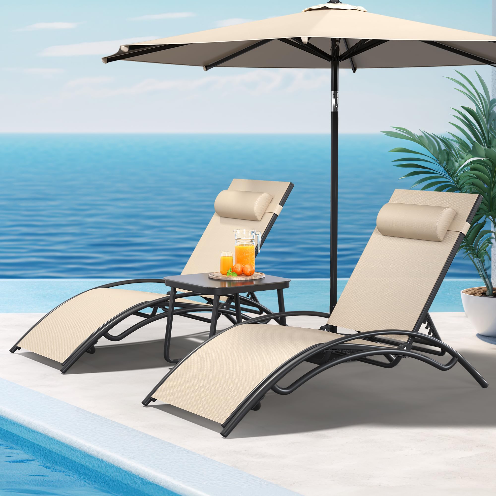 YITAHOME Outdoor Chaise Lounge Chair Set of 3, Pool Lounge Chairs with Side Table & 5-Position Adjustable Backrest, Sunbathing Recliner for Poolside, Backyard, Lawn, Deck - Khaki