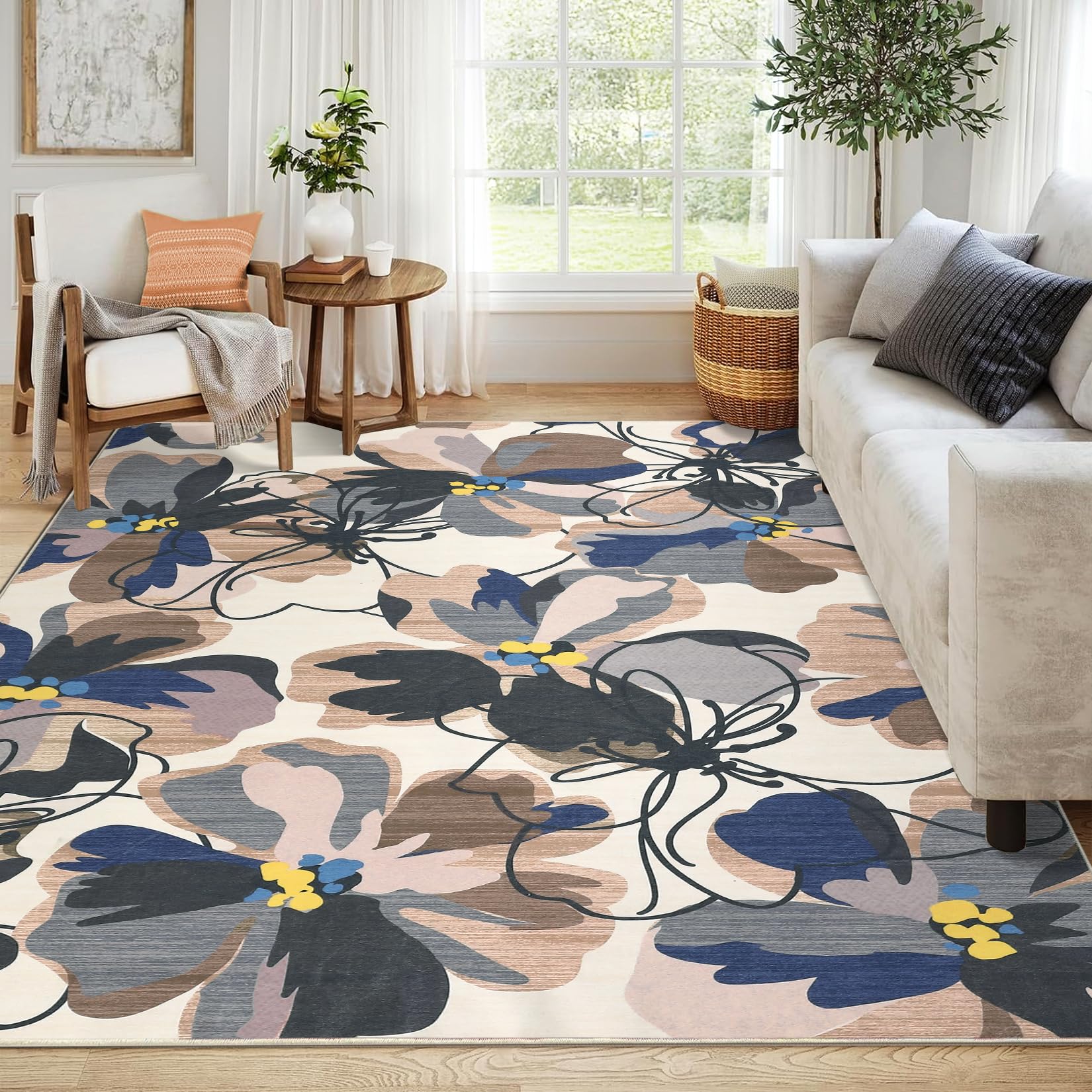 Washable Floral Living Room Rug 5x7, Modern Bright Floral Area Rugs for Bedroom Non-Slip Large Low-Plie Kitchen Rug Indoor Floor Throw Carpet for Dining Room Entryway Office, Brown Multi