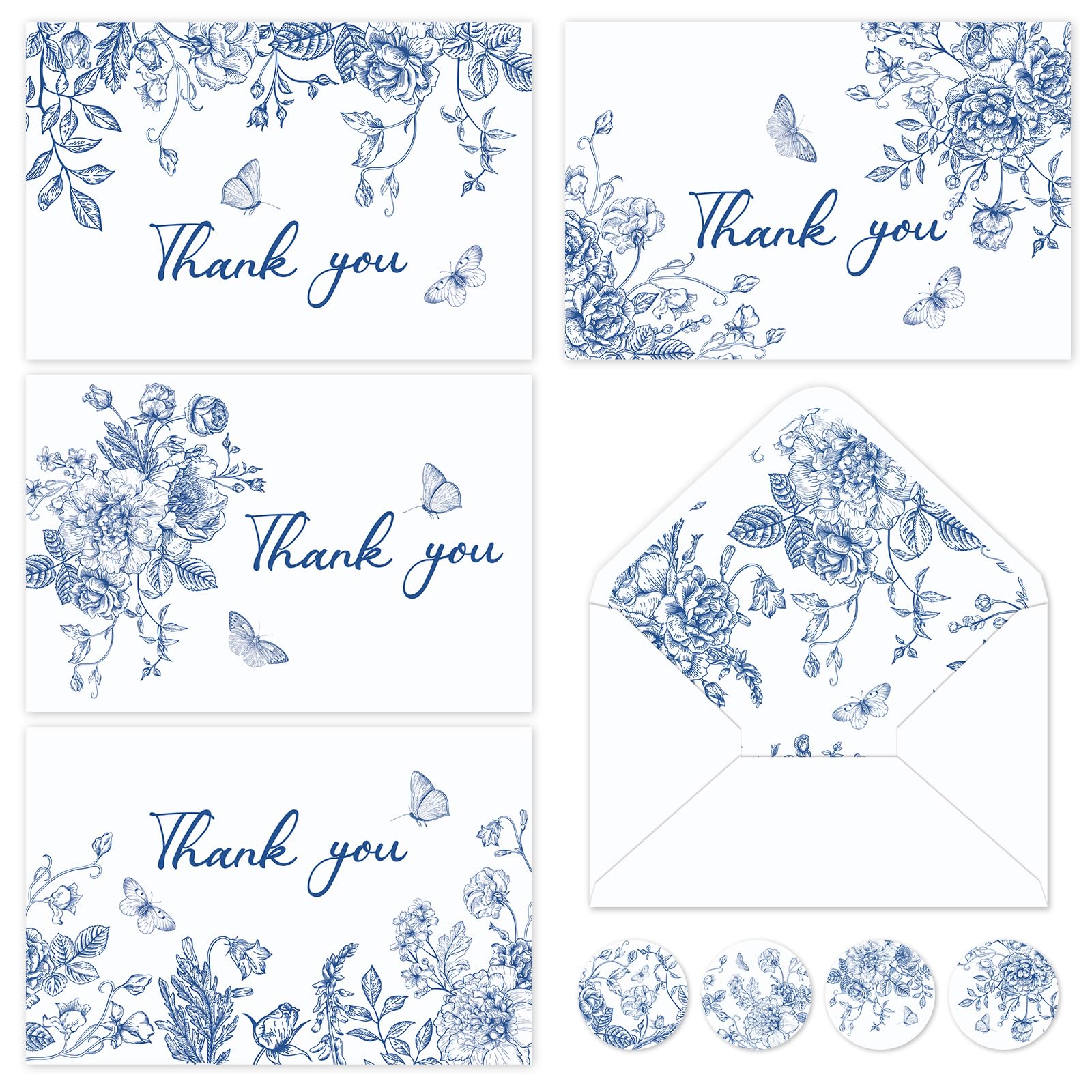 Whaline 32 Packs Floral Thank You Cards Blue White Chinoiserie Flower Greeting Cards Blank Note Cards with Envelopes and Stickers for Wedding Birthday Bridal Shower, 4 x 6 Inch