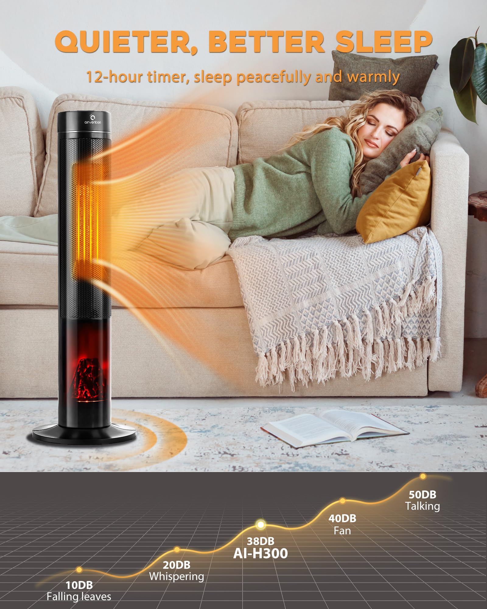 Space Heater Indoor, Airvention 1500W 34" Electric Heater for Large Room, 4 Modes,12H Timer, PTC Ceramic Heating with Thermostat, Remote, Portable Tower Heater for Office, Bathroom, Bedroom,AI-H300