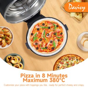 Upgrade Davivy 16" Large Indoor Pizza Oven with Pizza Stone & Grill Pan, Electric Pizza Cooker Heats up to 380℃, Portable Indoor Pizza Maker Machine for Home with Timer, Window - Black