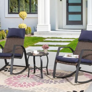 ARTLOFT 3 Piece Rocking Bistro Set Wicker Patio Outdoor Furniture Porch Chairs Conversation Sets with Coffee Table for Balcony, Garden, Backyard (Blue)