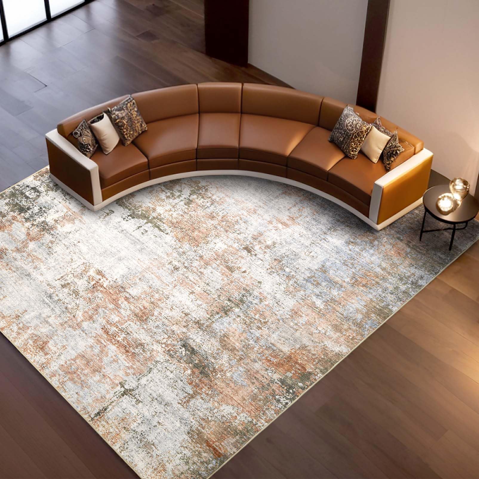 Washable Abstract Area Rug 8x10 - Contemporary Style Large Soft Living Room Bedroom Rugs Stain Resistant Non-Shedding Low Pile Accent Carpet for Indoor Dining Room Home Studio Office - Brick/Grey