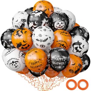 oumuamua halloween party balloon decorations, 60pcs black orange and white balloons pumpkin ghost bat skull spider webs print balloons for halloween party decoration kids birthday baby shower supplies