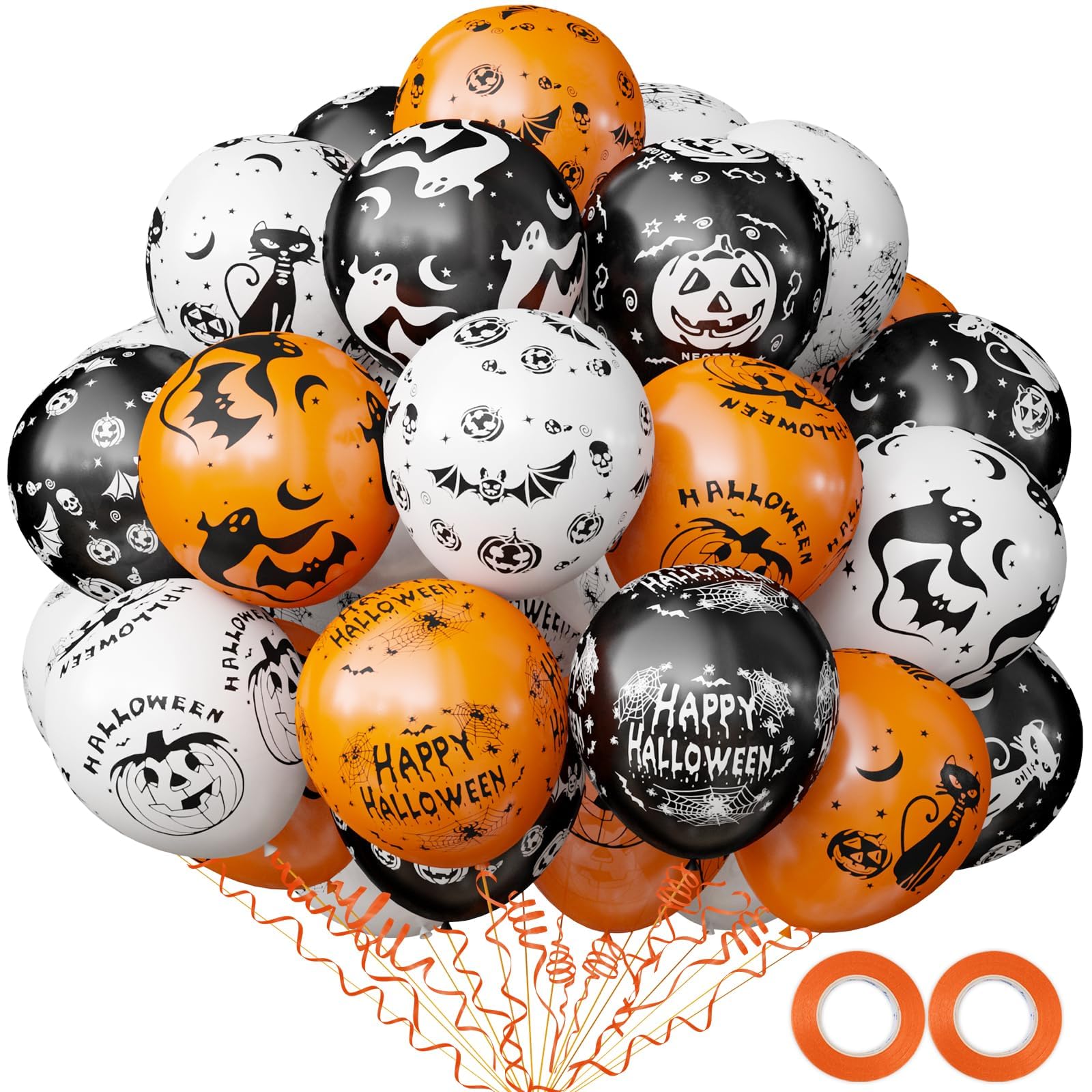 OuMuaMua Halloween Party Balloon Decorations, 60Pcs Black Orange and White Balloons Pumpkin Ghost Bat Skull Spider Webs Print Balloons for Halloween Party Decoration Kids Birthday Baby Shower Supplies