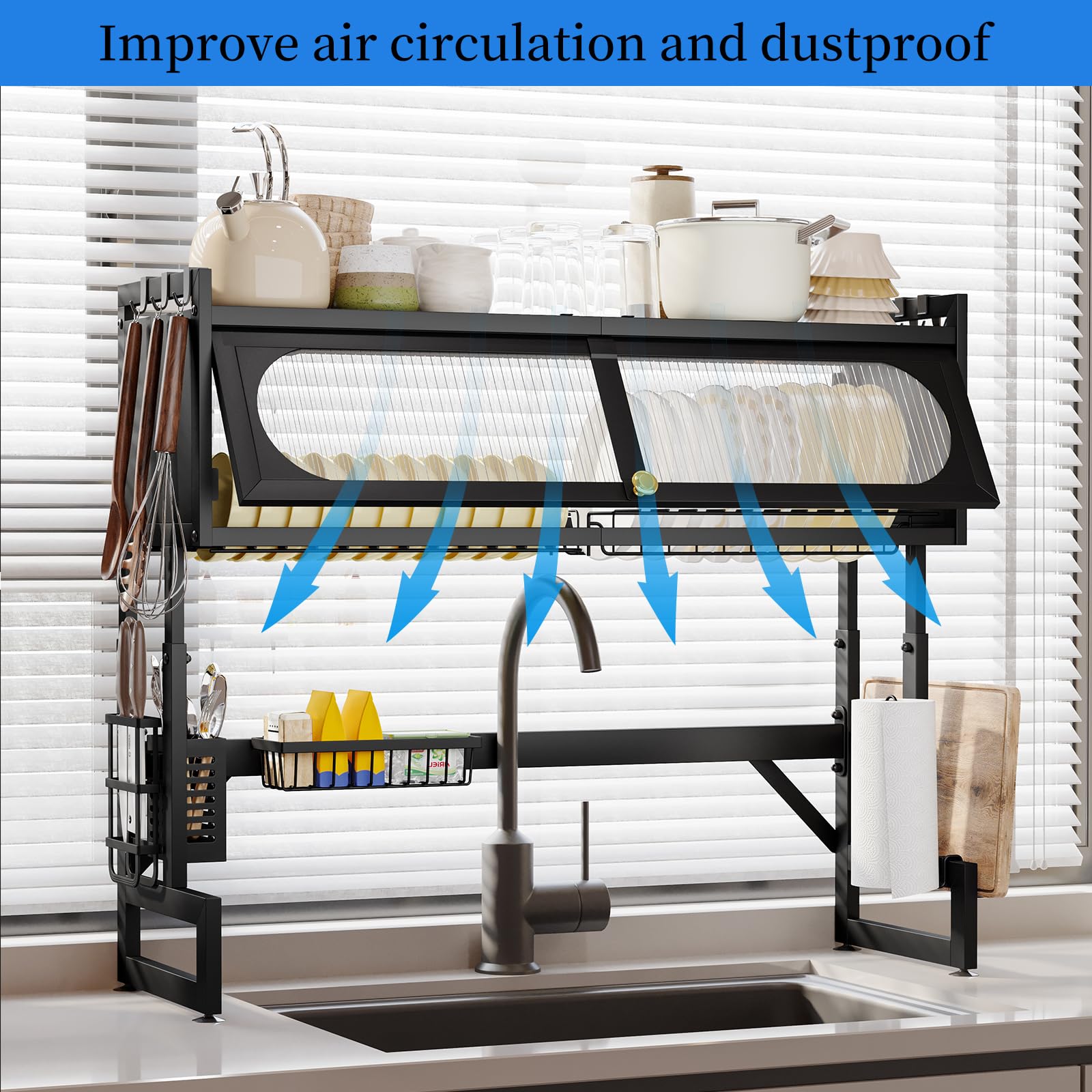 Fixwal Dish Drying Rack 3 Tier Over The Sink Dish Drying Rack for Kitchen Sink Shlef Expandable Height (Black)