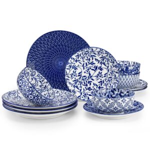 vancasso selene plates and bowls set for 4, 12 pieces dinnerware sets, mircowave and dishwasher safe dishes set, porcelain blue kitchen set