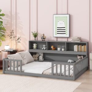 KEIKI Full Floor Bed with Side Bookcase,Shelves,Guardrails,Grey