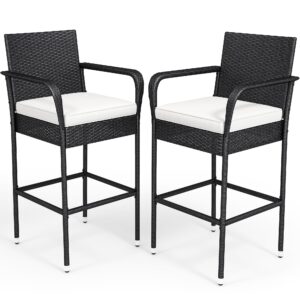 yitahome outdoor wicker bar stools set of 2, patio wicker counter stools with armrest & backrest, outdoor bar height chairs with soft cushions for backyard pool garden deck, black