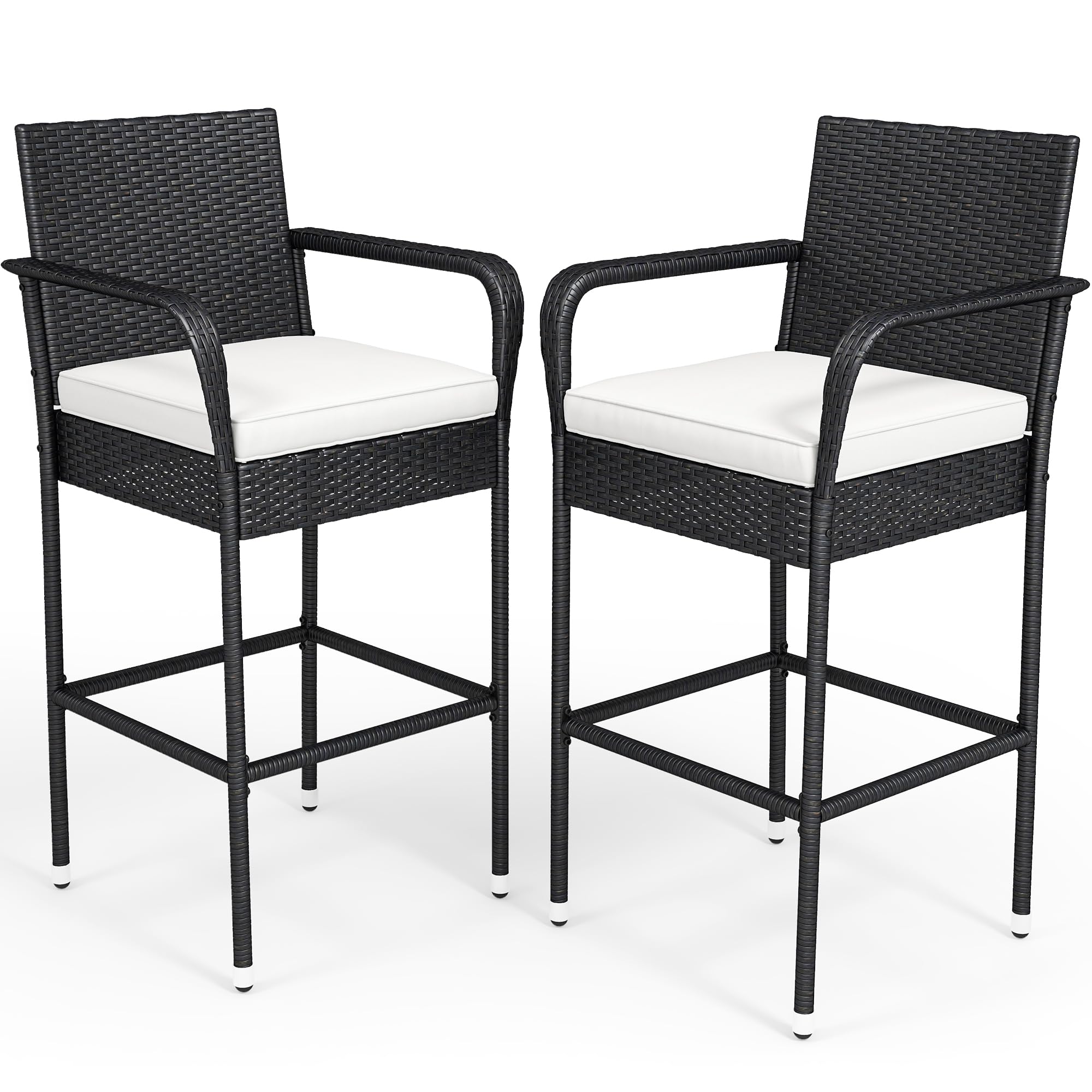 YITAHOME Outdoor Wicker Bar Stools Set of 2, Patio Wicker Counter Stools with Armrest & Backrest, Outdoor Bar Height Chairs with Soft Cushions for Backyard Pool Garden Deck, Black