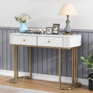 OIOG Console Tables for Entryway, Marble Grain Sofa Table with Stroage, Makeup Dressing Table, Modern Entryway Table with 2 Drawers for Living Room, Hallway, Foyer, Bedroom, White and Gold