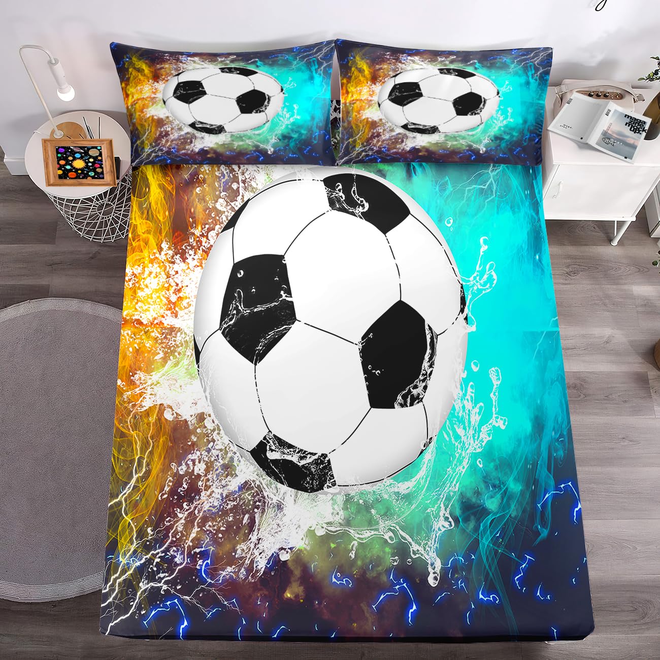 WJLBKGU Soccer Sheets Twin - 3PCS, Sports Bedding Sets for Boys Kids Soccer Bed Sheet, Football Bedding Soccer Sheets Twin Kids Sheets Bed Sheets Set, 1 Flat Sheet + 1 Fitted Sheet + 1 Pillowcases