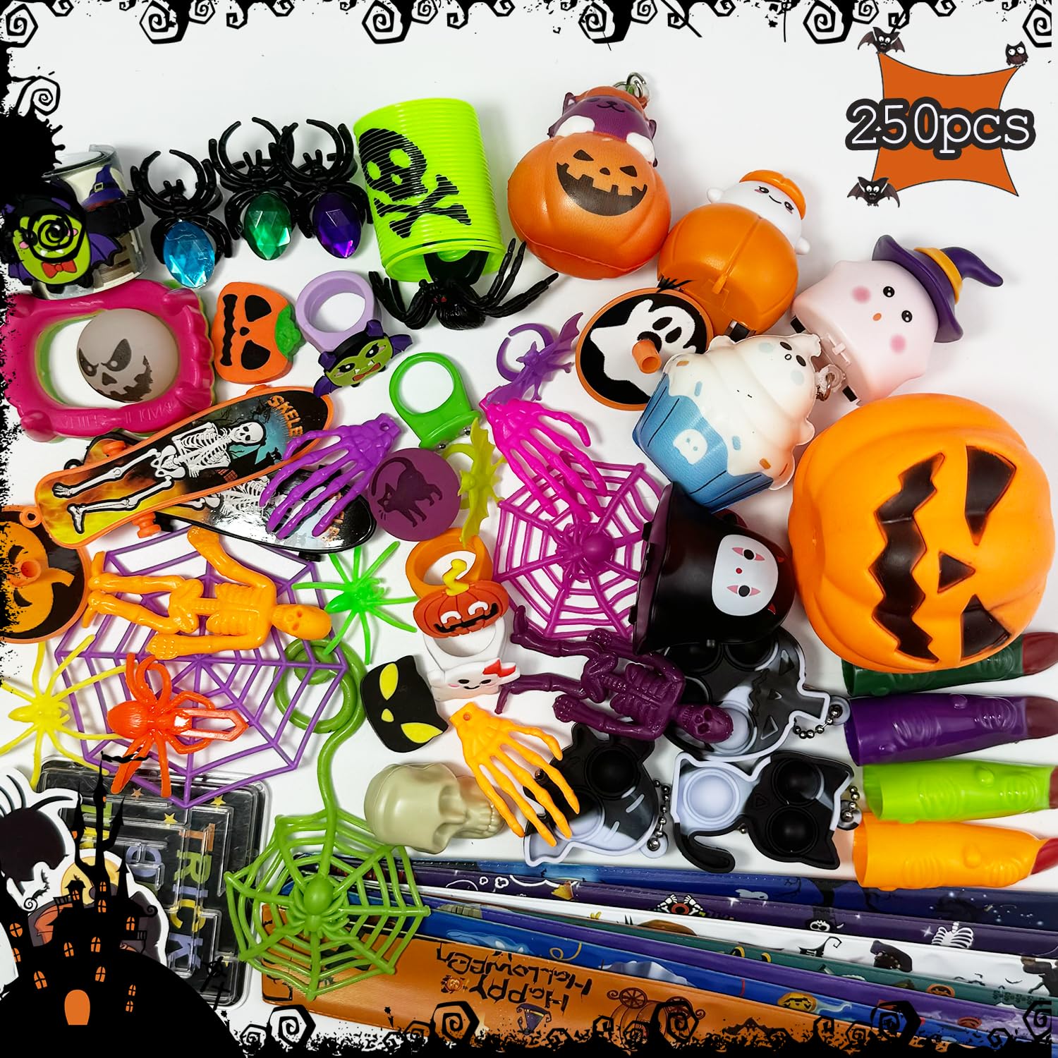 SQZUWIT 250Pcs Halloween Party Favors Bulk Toys Assortment for Kids, Teens Halloween Goodie Treat Bags Fillers, Pinatas Stuffers, Classroom Prizes, Treasure Box Toys