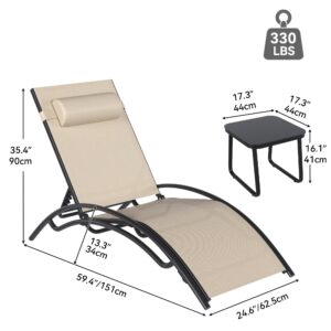 YITAHOME Outdoor Chaise Lounge Chair Set of 3, Pool Lounge Chairs with Side Table & 5-Position Adjustable Backrest, Sunbathing Recliner for Poolside, Backyard, Lawn, Deck - Khaki