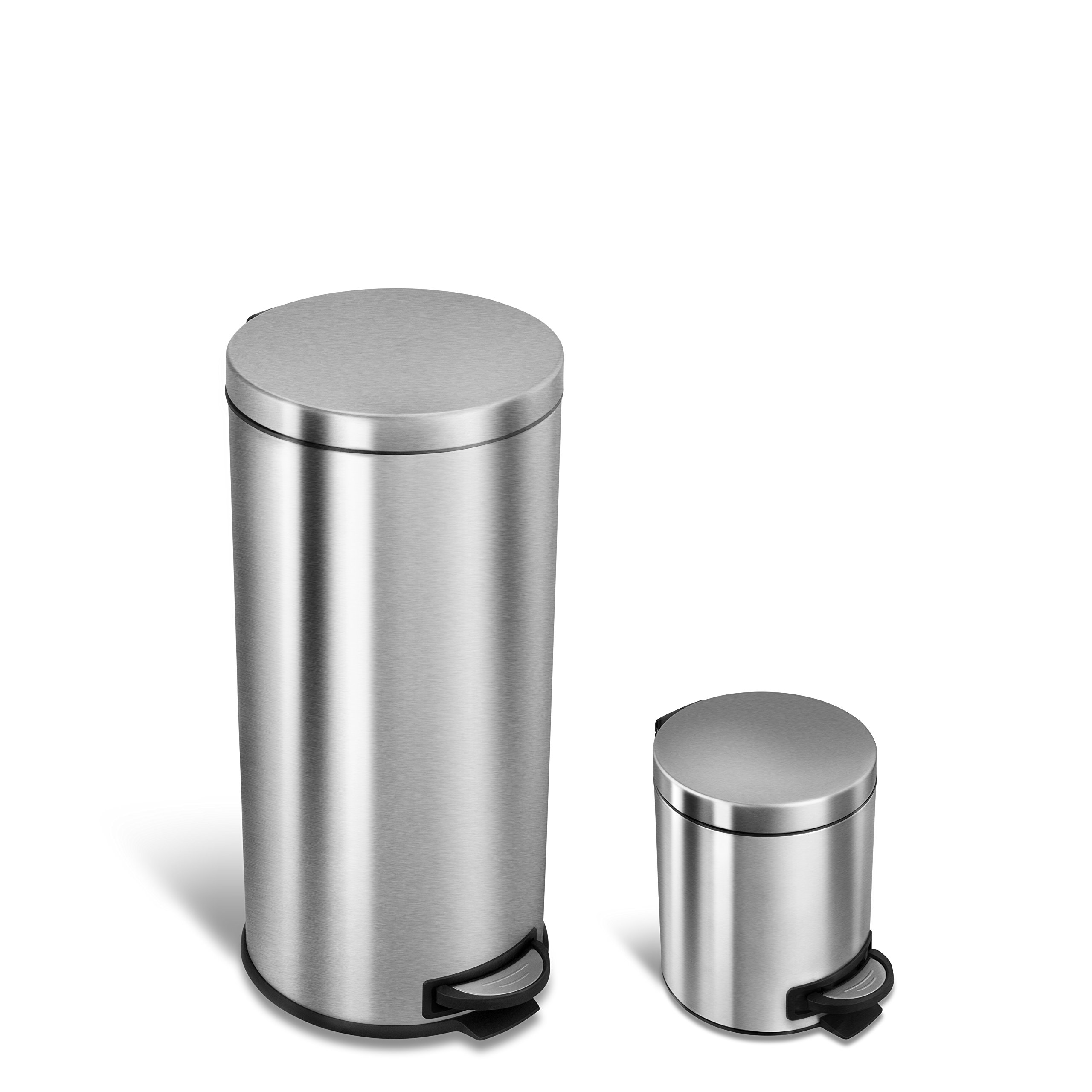 8 Gallon and 1.2 Gallon Combo Set Round Stainless Steel Step on Trash Can, Fingerprint-Resistant Soft Close Lid Hands-Free Trash can, Removable Plastic Inner Bucket Waste Bin, 8 Gal 30L & 1.2 Gal 5L