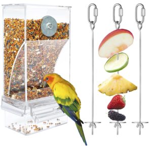 vertupet no mess bird feeders and 3pcs bird food stainless steel holders, anti spill bird feeder parrot automatic feeder hanging vegetable stick skewer for budgies canary cockatiel finch